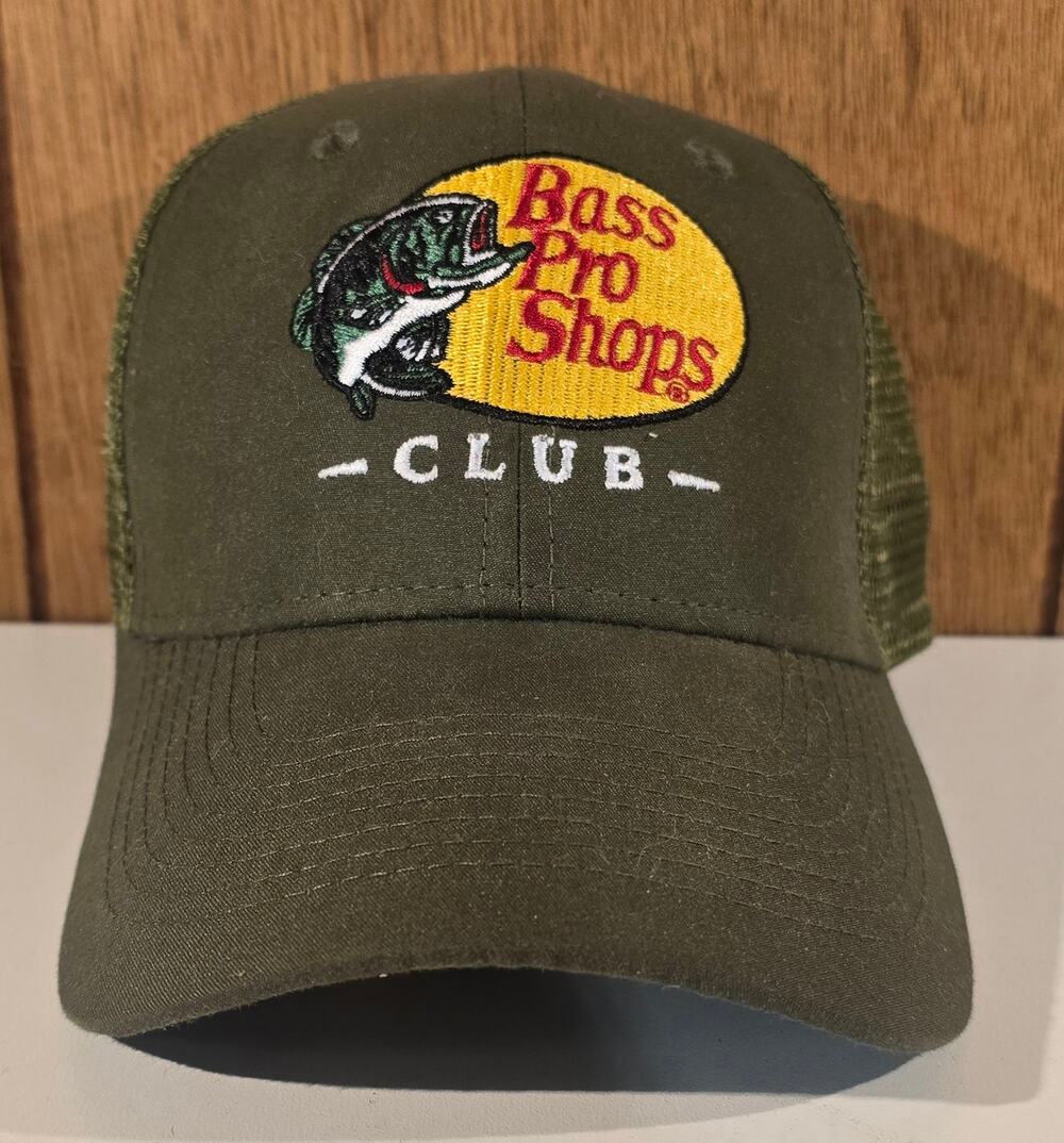Bass Pro Shops Club Trucker Hat Snapback Mesh Baseball Cap Olive Green Fishing
